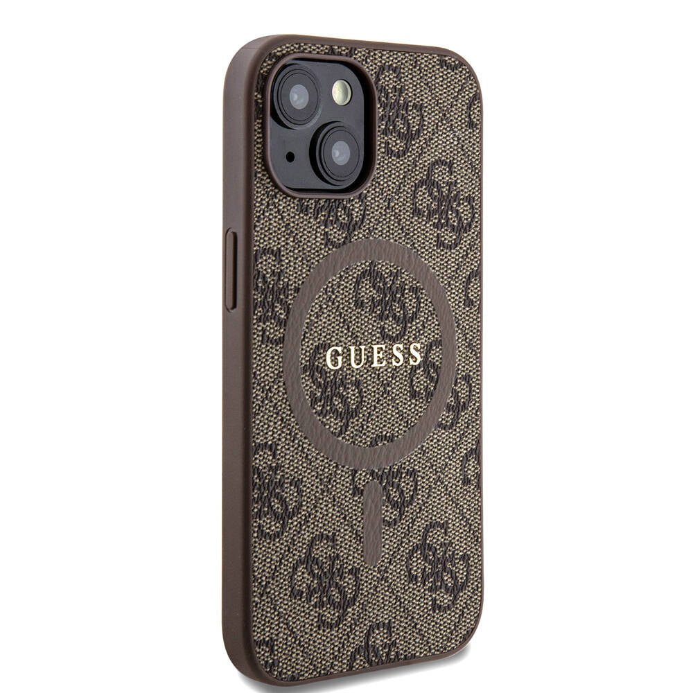 iPhone 15 Kılıf Guess Orijinal Lisanslı M-safe Şarj Özellikli PU Halkalı 4G Desenli Yazı Logolu Kılıf