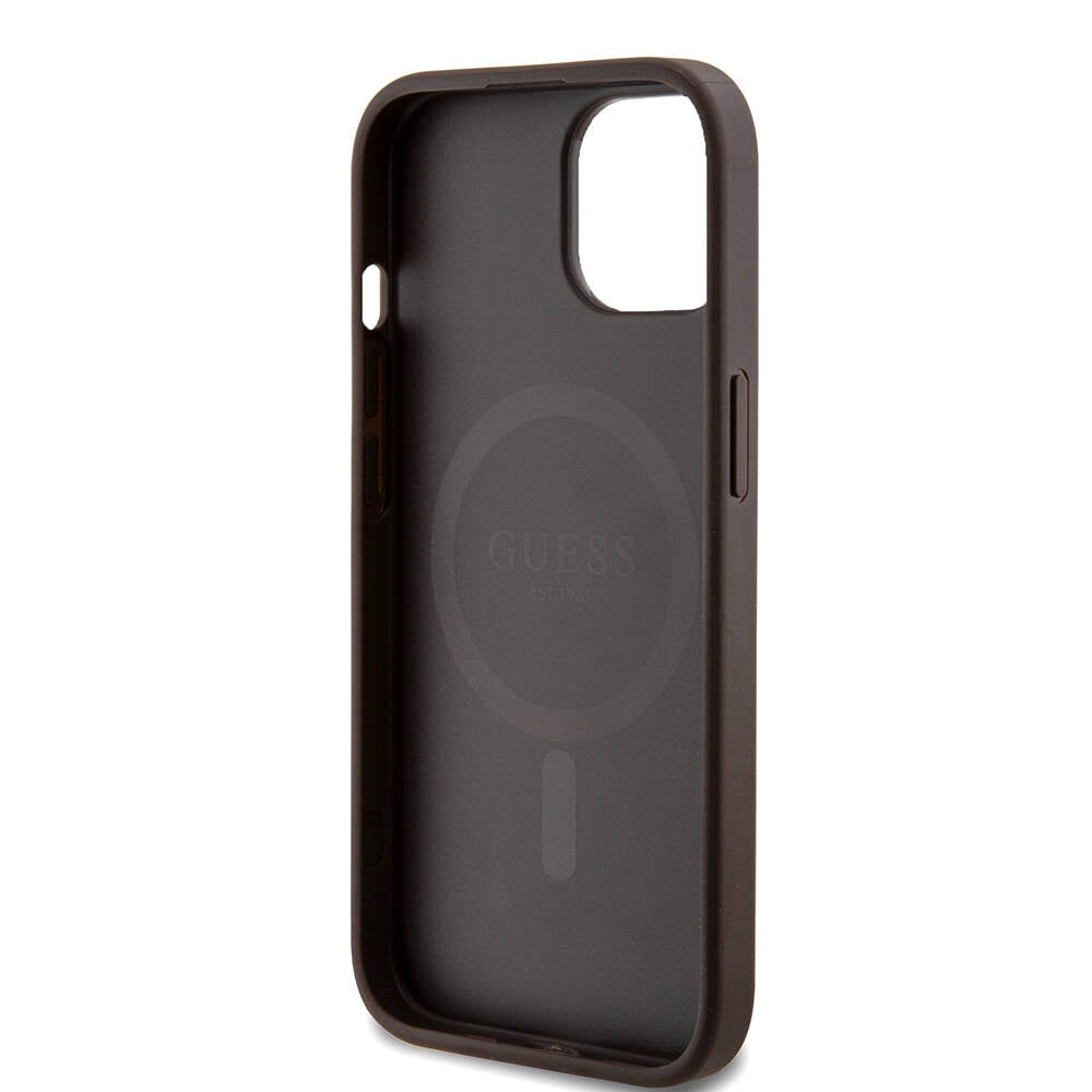 iPhone 15 Kılıf Guess Orijinal Lisanslı M-safe Şarj Özellikli PU Halkalı 4G Desenli Yazı Logolu Kılıf