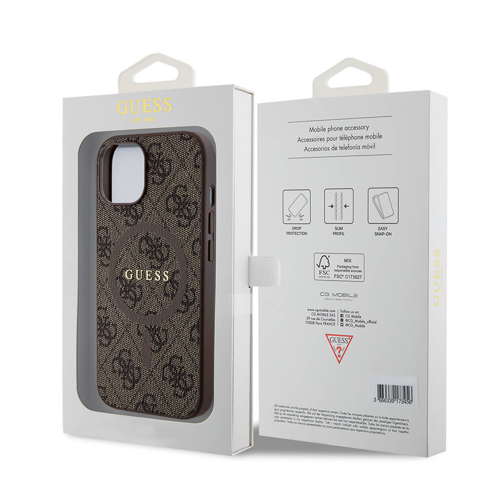 iPhone 15 Kılıf Guess Orijinal Lisanslı M-safe Şarj Özellikli PU Halkalı 4G Desenli Yazı Logolu Kılıf