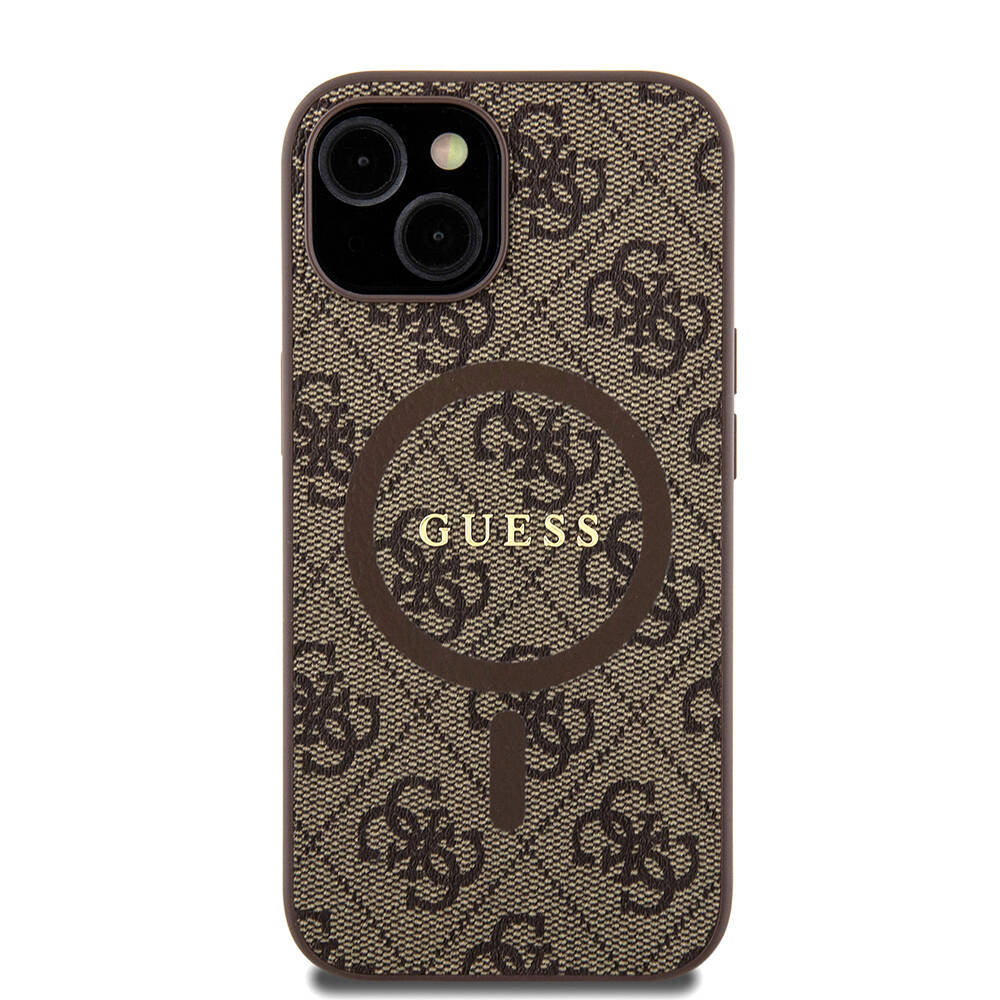 iPhone 15 Kılıf Guess Orijinal Lisanslı M-safe Şarj Özellikli PU Halkalı 4G Desenli Yazı Logolu Kılıf