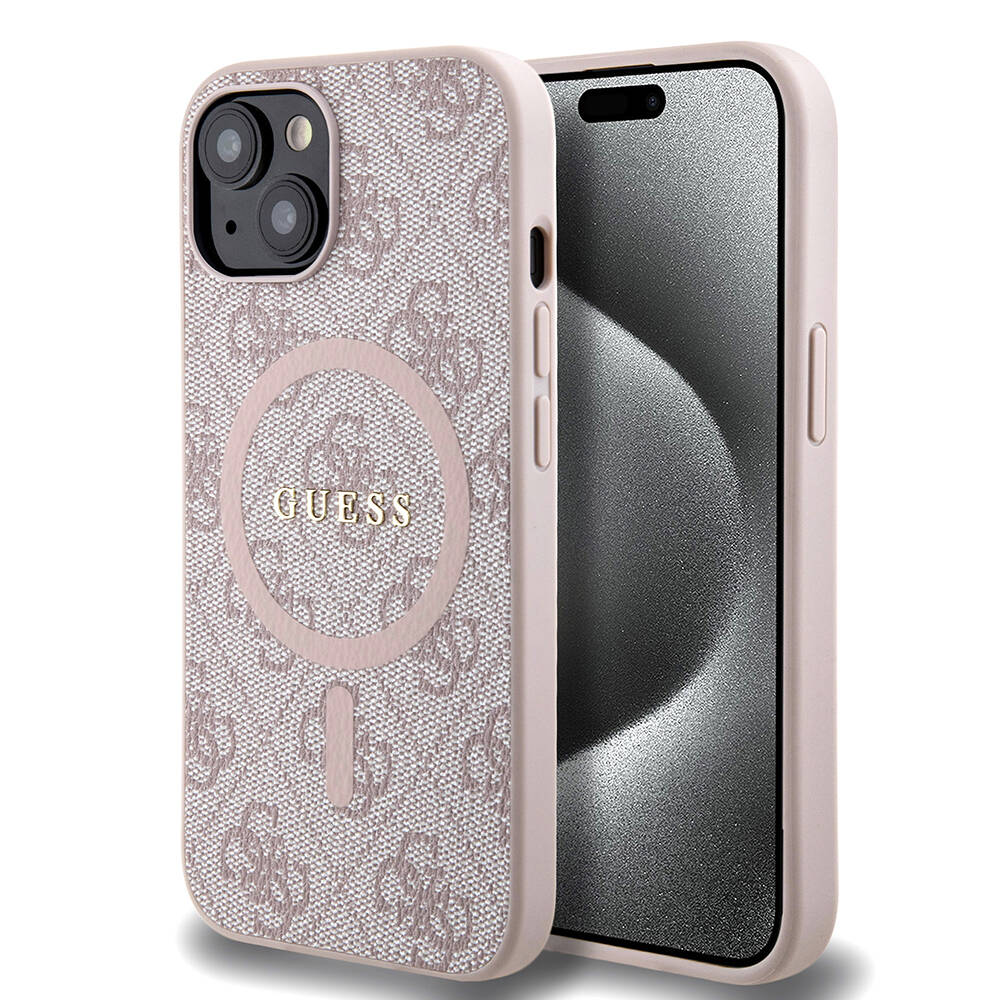 iPhone 15 Kılıf Guess Orijinal Lisanslı M-safe Şarj Özellikli PU Halkalı 4G Desenli Yazı Logolu Kılıf