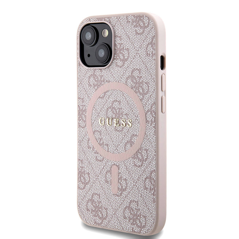 iPhone 15 Kılıf Guess Orijinal Lisanslı M-safe Şarj Özellikli PU Halkalı 4G Desenli Yazı Logolu Kılıf