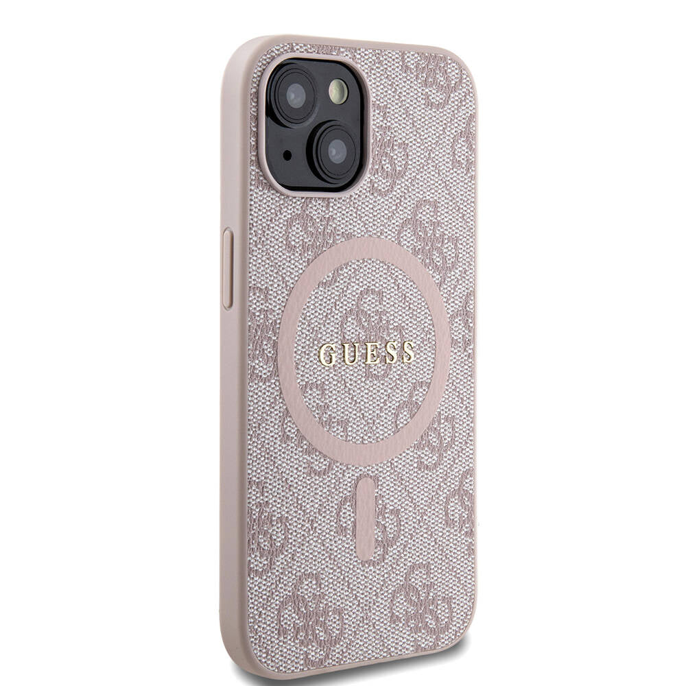 iPhone 15 Kılıf Guess Orijinal Lisanslı M-safe Şarj Özellikli PU Halkalı 4G Desenli Yazı Logolu Kılıf