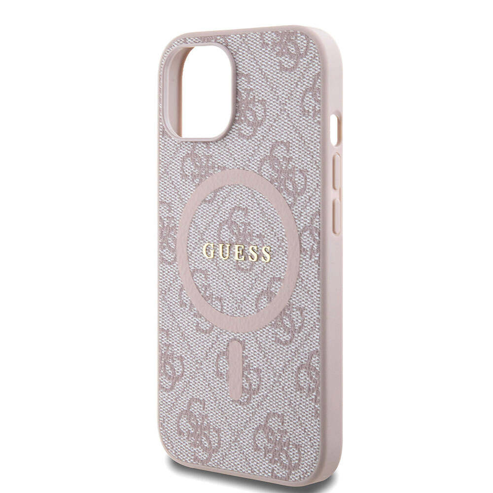 iPhone 15 Kılıf Guess Orijinal Lisanslı M-safe Şarj Özellikli PU Halkalı 4G Desenli Yazı Logolu Kılıf