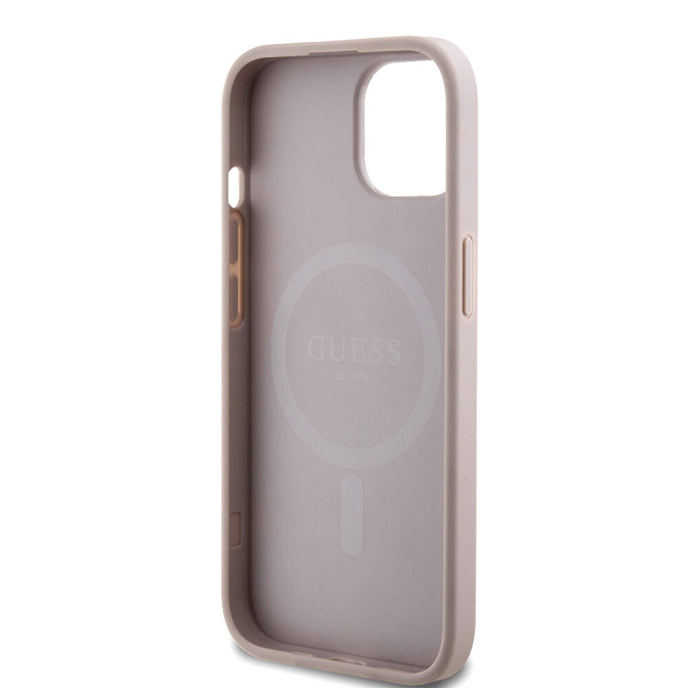 iPhone 15 Kılıf Guess Orijinal Lisanslı M-safe Şarj Özellikli PU Halkalı 4G Desenli Yazı Logolu Kılıf