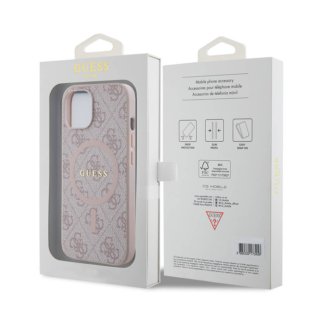 iPhone 15 Kılıf Guess Orijinal Lisanslı M-safe Şarj Özellikli PU Halkalı 4G Desenli Yazı Logolu Kılıf