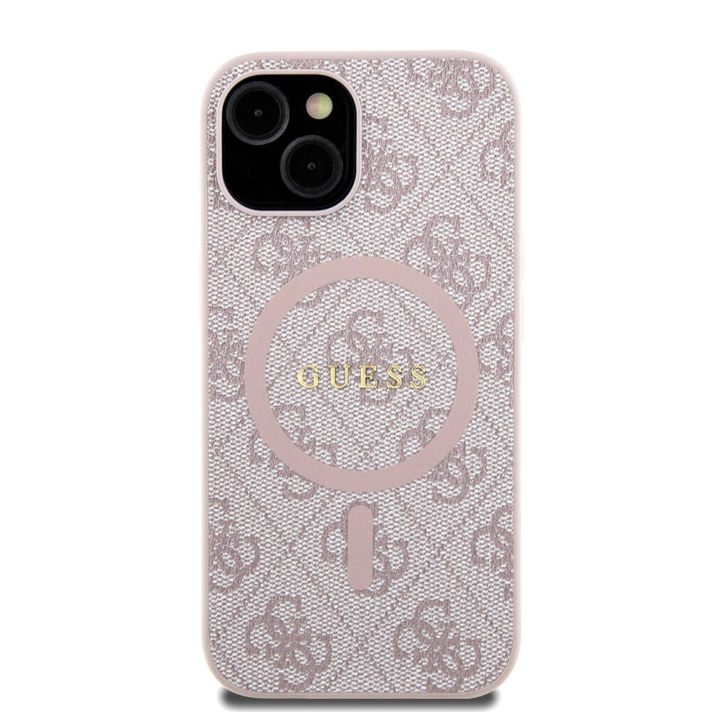 iPhone 15 Kılıf Guess Orijinal Lisanslı M-safe Şarj Özellikli PU Halkalı 4G Desenli Yazı Logolu Kılıf
