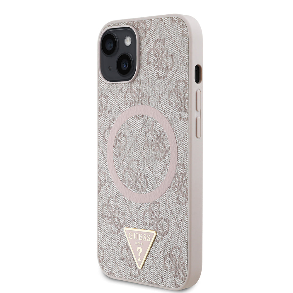 iPhone 15 Kılıf Guess Orijinal Lisanslı M-safe Şarj Özellikli PU Üçgen Logo 4G Desenli Kılıf