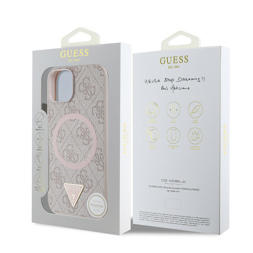iPhone 15 Kılıf Guess Orijinal Lisanslı M-safe Şarj Özellikli PU Üçgen Logo 4G Desenli Kılıf