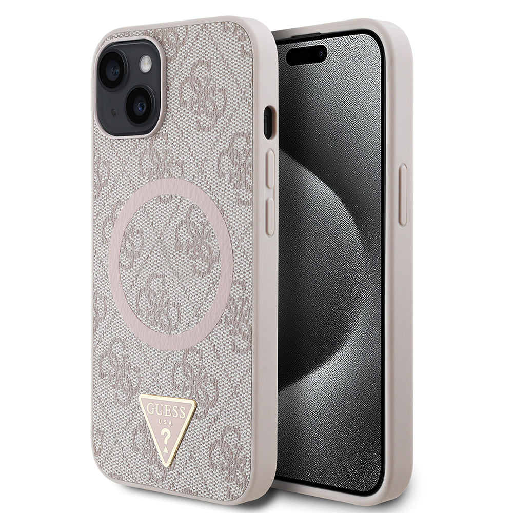 iPhone 15 Kılıf Guess Orijinal Lisanslı M-safe Şarj Özellikli PU Üçgen Logo 4G Desenli Kılıf