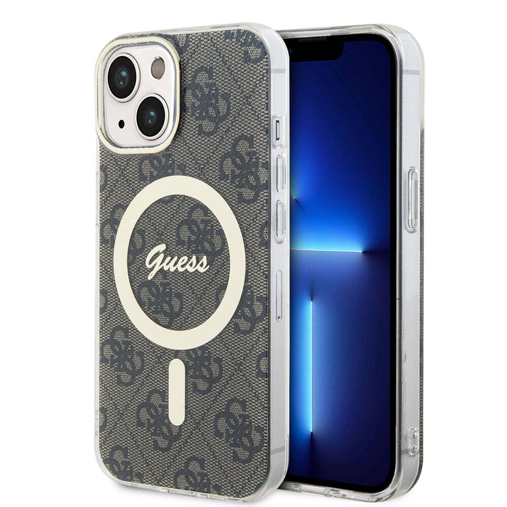 iPhone 15 Kılıf Guess Orijinal Lisanslı M-safe Şarj Özellikli Yazı Logolu 4G Desenli Kılıf