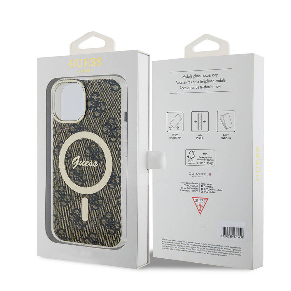 iPhone 15 Kılıf Guess Orijinal Lisanslı M-safe Şarj Özellikli Yazı Logolu 4G Desenli Kılıf