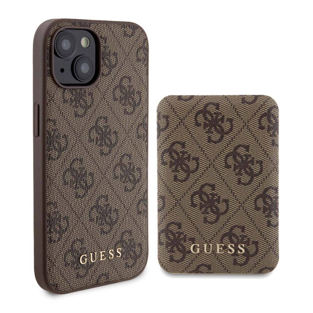 iPhone 15 Kılıf Guess Orijinal Lisanslı M-safe Şarj Özellikli Yazı Logolu 4G Desenli Kılıf + Powerbank 5000mAh 2in1 Set