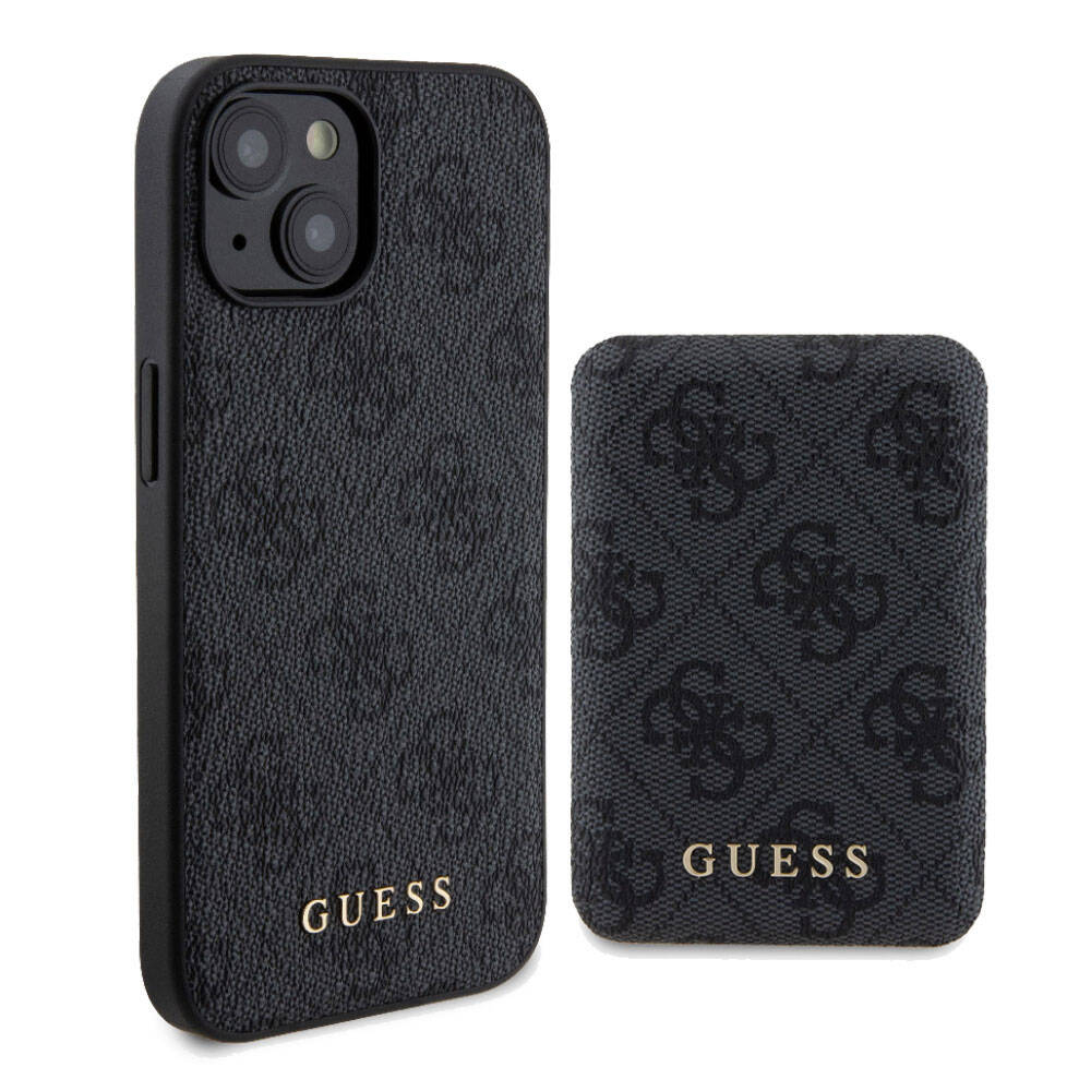 iPhone 15 Kılıf Guess Orijinal Lisanslı M-safe Şarj Özellikli Yazı Logolu 4G Desenli Kılıf + Powerbank 5000mAh 2in1 Set