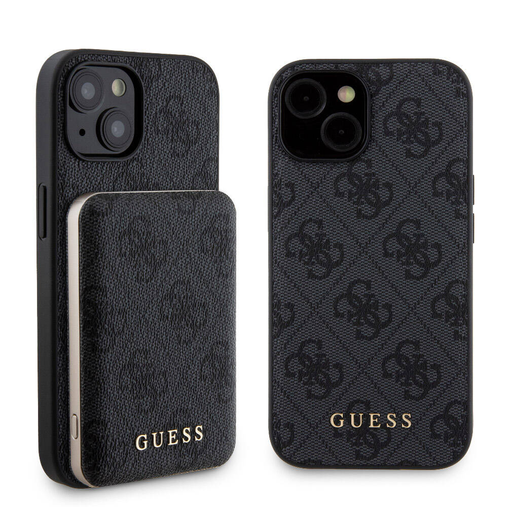iPhone 15 Kılıf Guess Orijinal Lisanslı M-safe Şarj Özellikli Yazı Logolu 4G Desenli Kılıf + Powerbank 5000mAh 2in1 Set