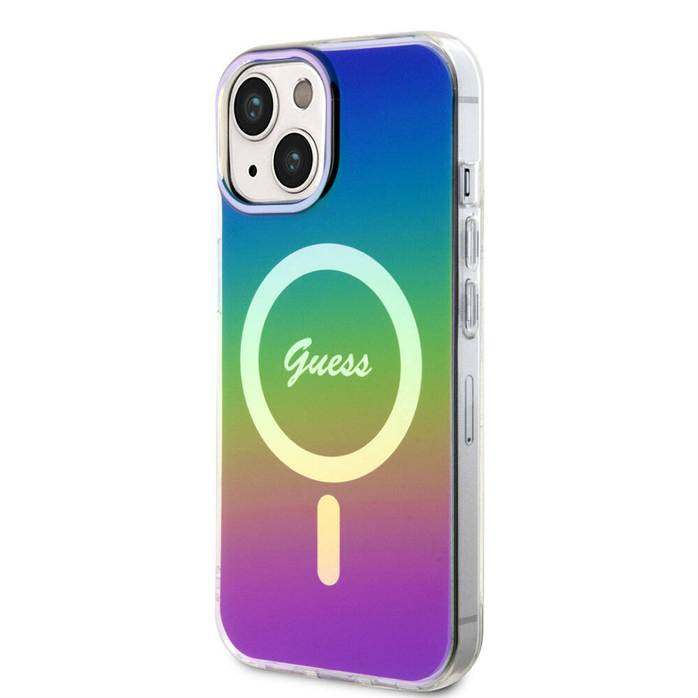 iPhone 15 Kılıf Guess Orijinal Lisanslı M-safe Şarj Özellikli Yazı Logolu Iridescent Kılıf