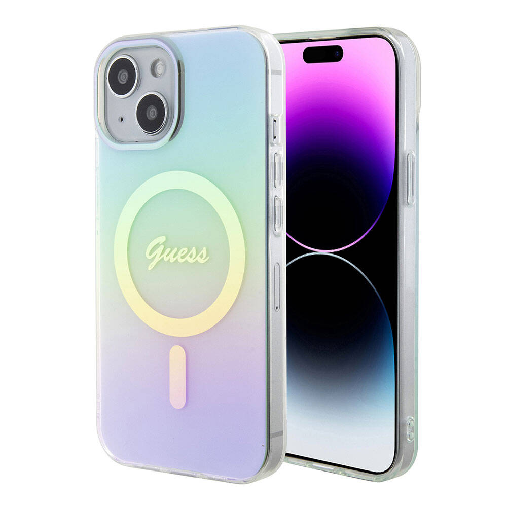 iPhone 15 Kılıf Guess Orijinal Lisanslı M-safe Şarj Özellikli Yazı Logolu Iridescent Kılıf