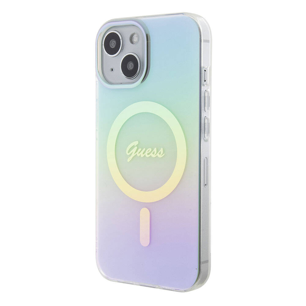 iPhone 15 Kılıf Guess Orijinal Lisanslı M-safe Şarj Özellikli Yazı Logolu Iridescent Kılıf