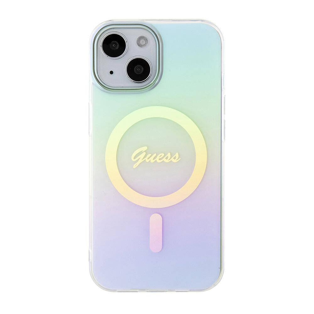 iPhone 15 Kılıf Guess Orijinal Lisanslı M-safe Şarj Özellikli Yazı Logolu Iridescent Kılıf