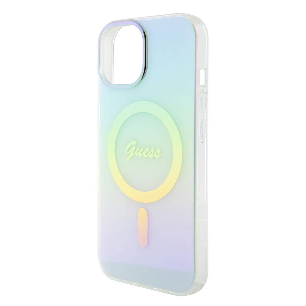 iPhone 15 Kılıf Guess Orijinal Lisanslı M-safe Şarj Özellikli Yazı Logolu Iridescent Kılıf