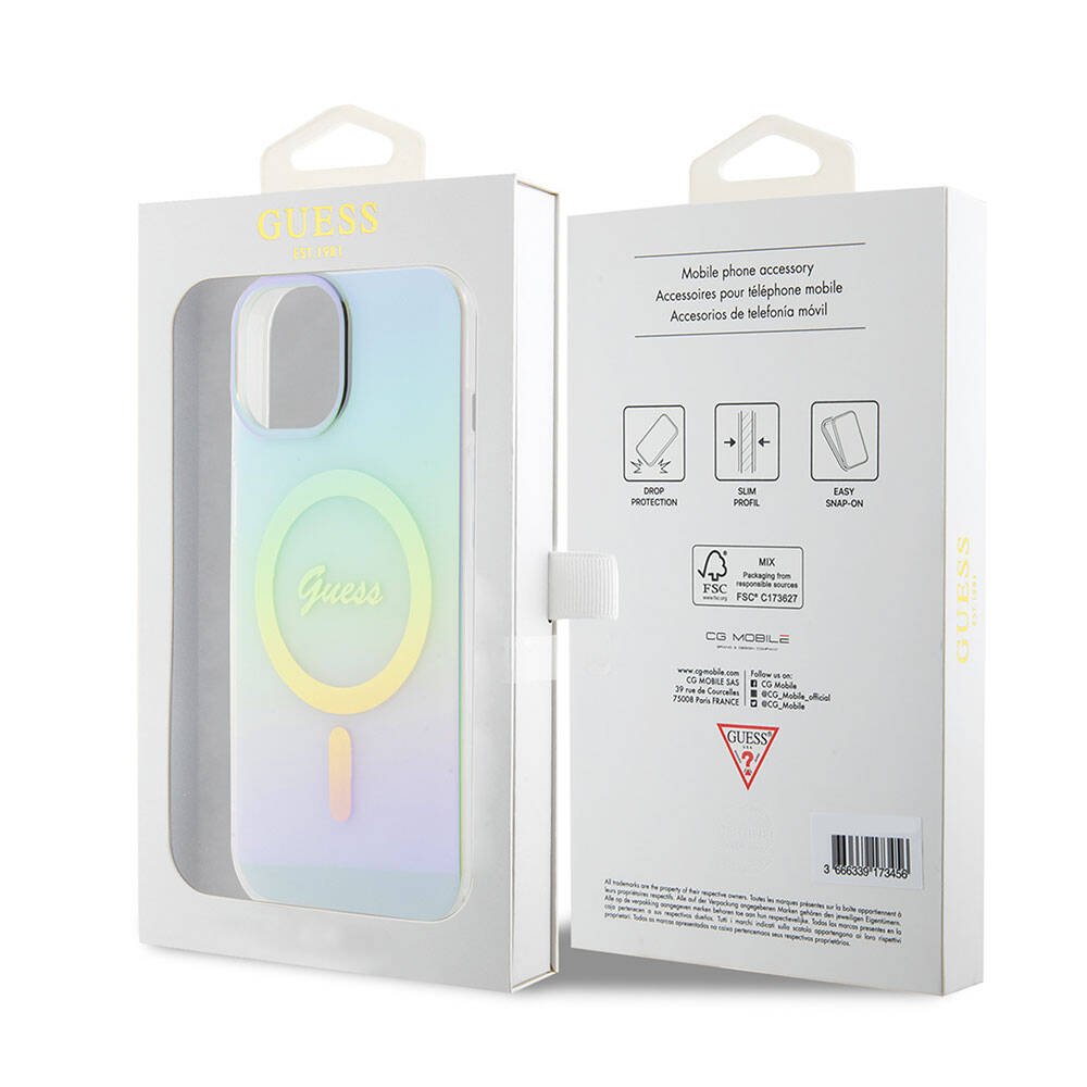 iPhone 15 Kılıf Guess Orijinal Lisanslı M-safe Şarj Özellikli Yazı Logolu Iridescent Kılıf