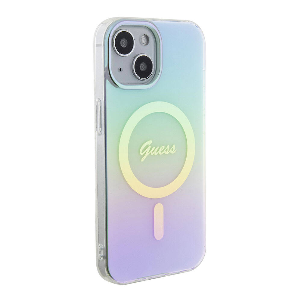 iPhone 15 Kılıf Guess Orijinal Lisanslı M-safe Şarj Özellikli Yazı Logolu Iridescent Kılıf