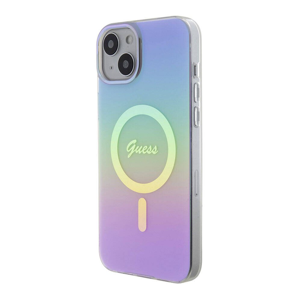 iPhone 15 Kılıf Guess Orijinal Lisanslı M-safe Şarj Özellikli Yazı Logolu Iridescent Kılıf