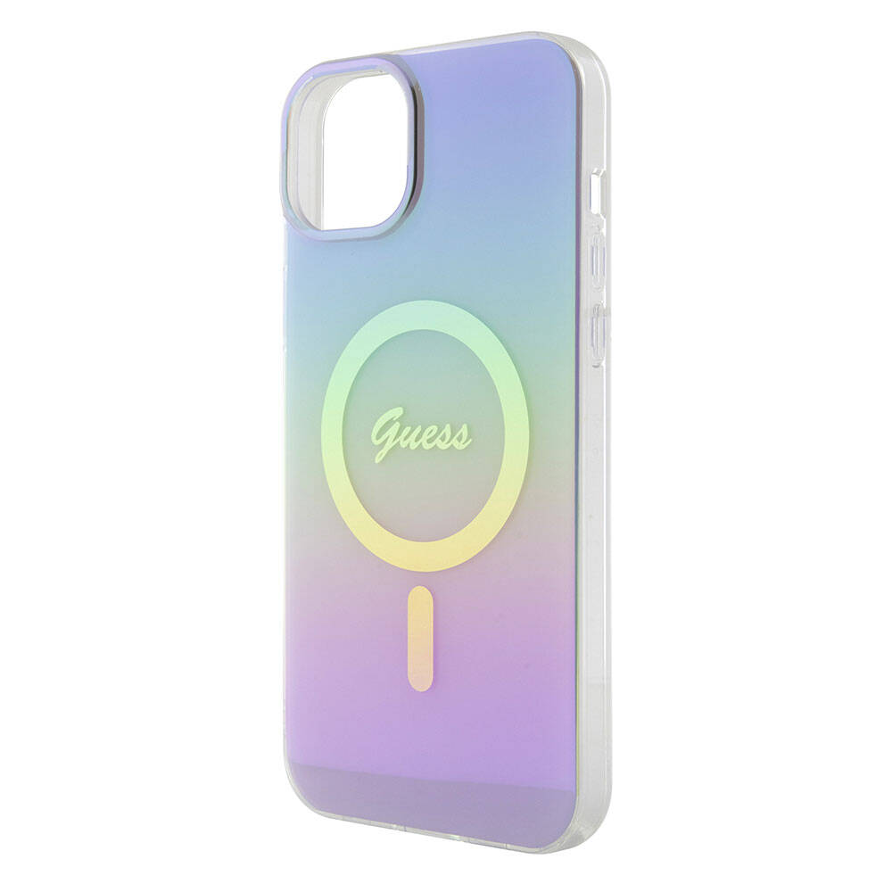 iPhone 15 Kılıf Guess Orijinal Lisanslı M-safe Şarj Özellikli Yazı Logolu Iridescent Kılıf