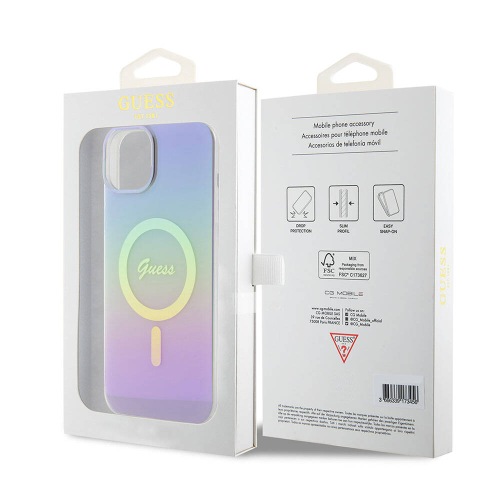iPhone 15 Kılıf Guess Orijinal Lisanslı M-safe Şarj Özellikli Yazı Logolu Iridescent Kılıf