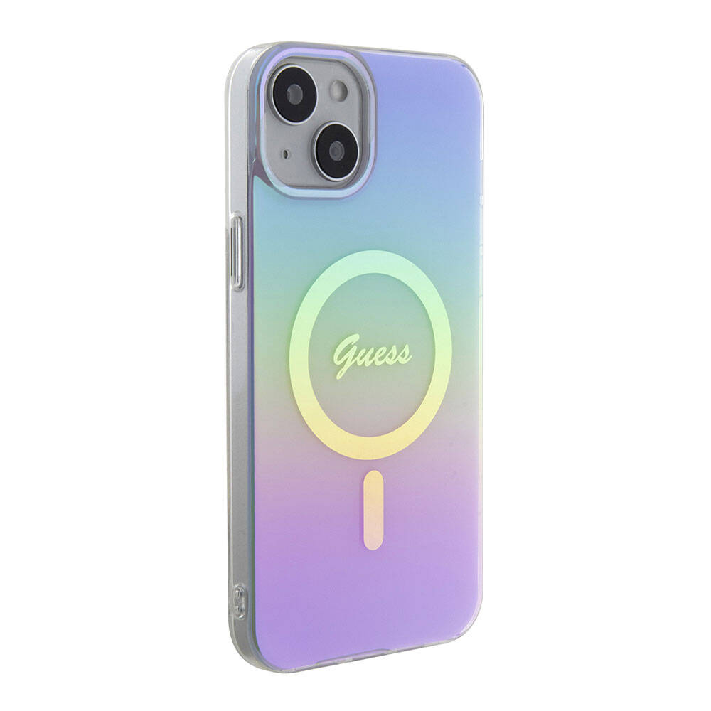 iPhone 15 Kılıf Guess Orijinal Lisanslı M-safe Şarj Özellikli Yazı Logolu Iridescent Kılıf