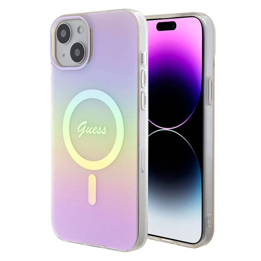 iPhone 15 Kılıf Guess Orijinal Lisanslı M-safe Şarj Özellikli Yazı Logolu Iridescent Kılıf