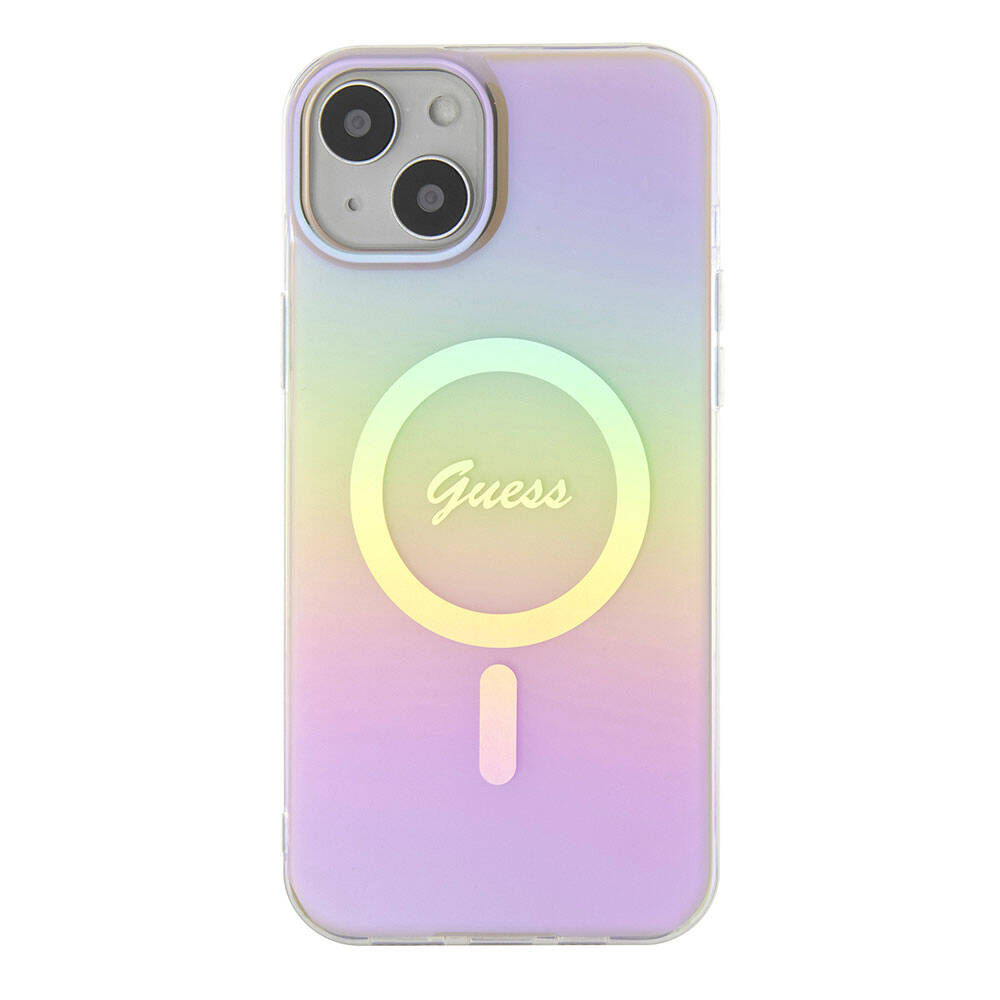 iPhone 15 Kılıf Guess Orijinal Lisanslı M-safe Şarj Özellikli Yazı Logolu Iridescent Kılıf