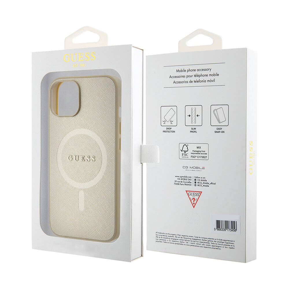 iPhone 15 Kılıf Guess Orijinal Lisanslı M-safe Şarj Özellikli Yazı Logolu Saffiano Kılıf