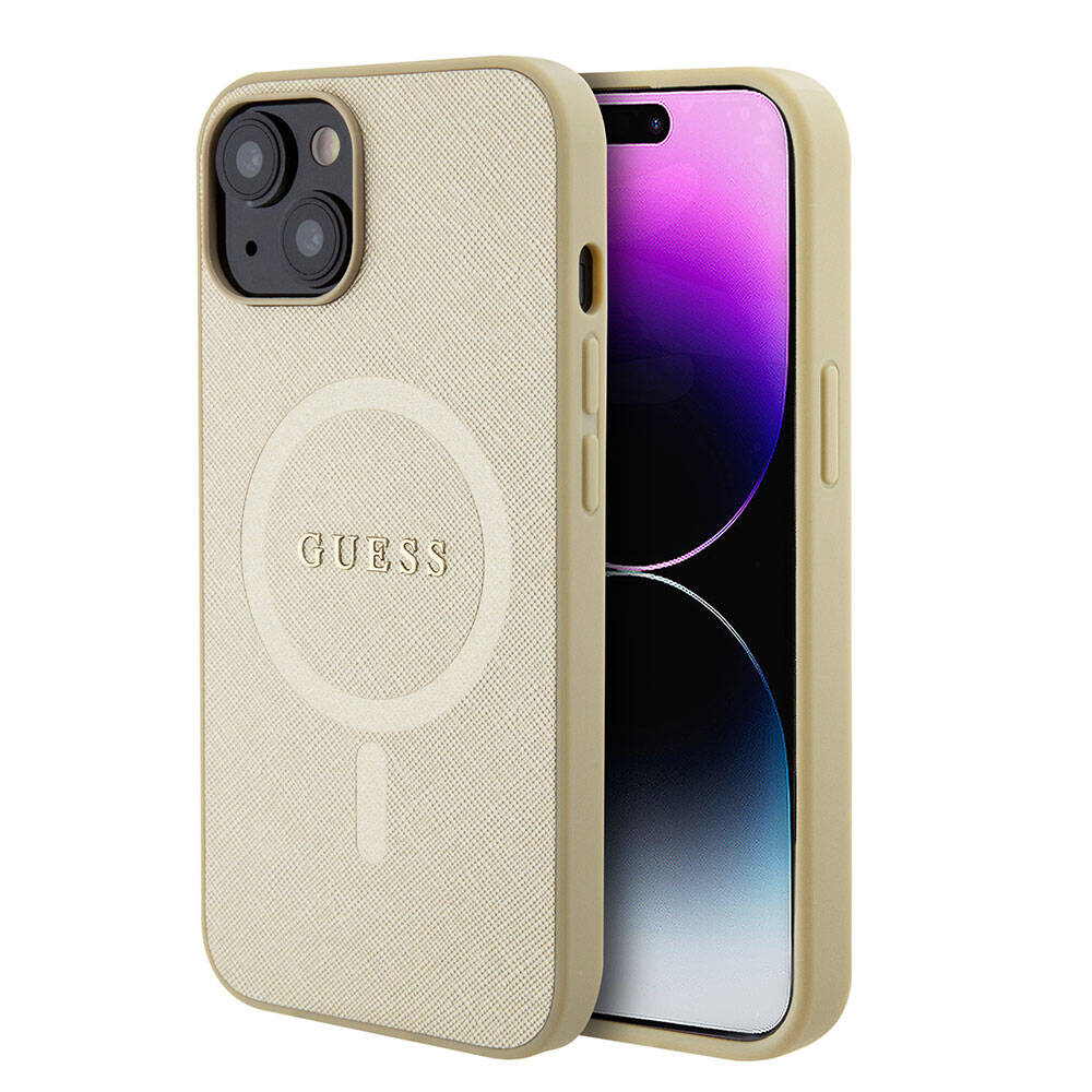 iPhone 15 Kılıf Guess Orijinal Lisanslı M-safe Şarj Özellikli Yazı Logolu Saffiano Kılıf