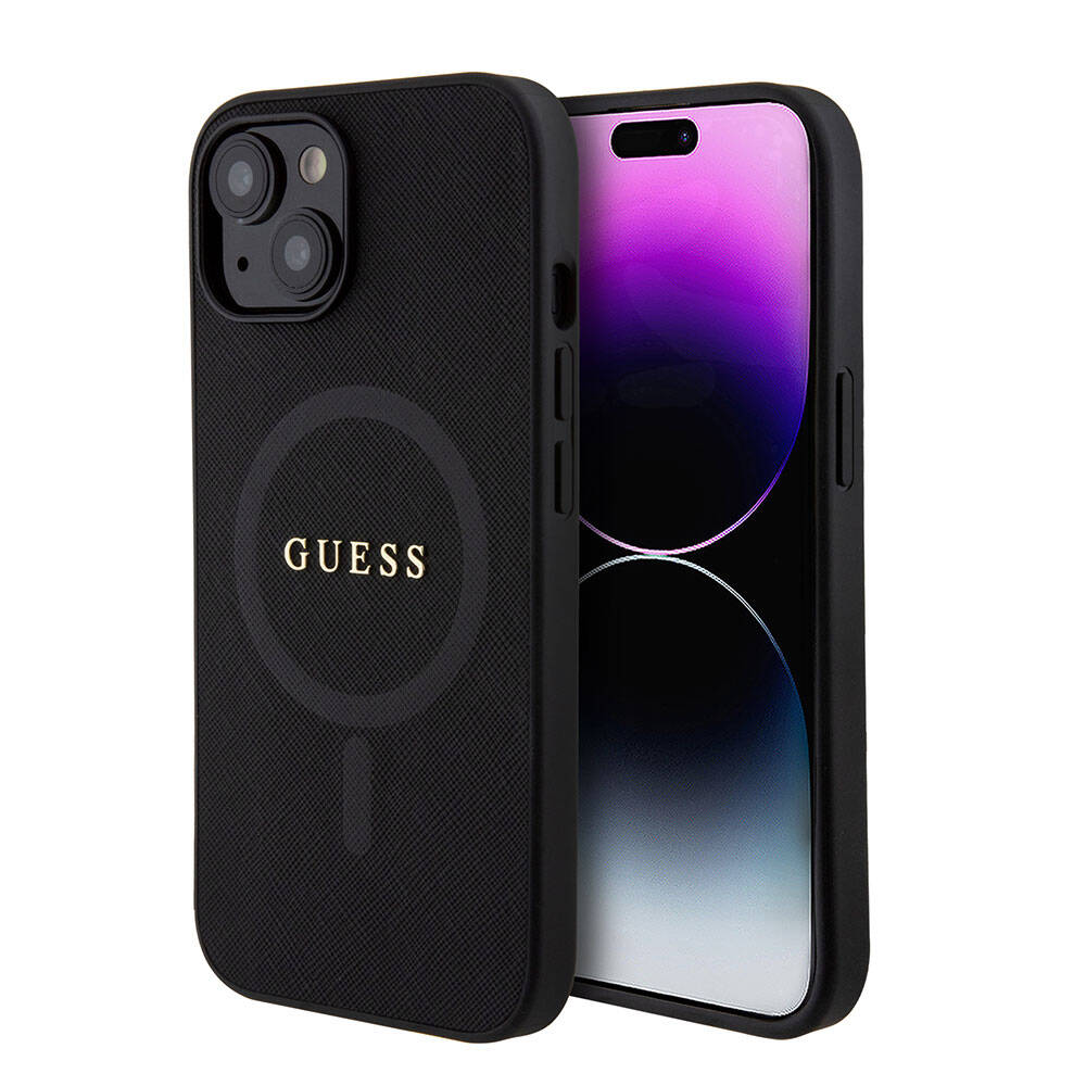 iPhone 15 Kılıf Guess Orijinal Lisanslı M-safe Şarj Özellikli Yazı Logolu Saffiano Kılıf