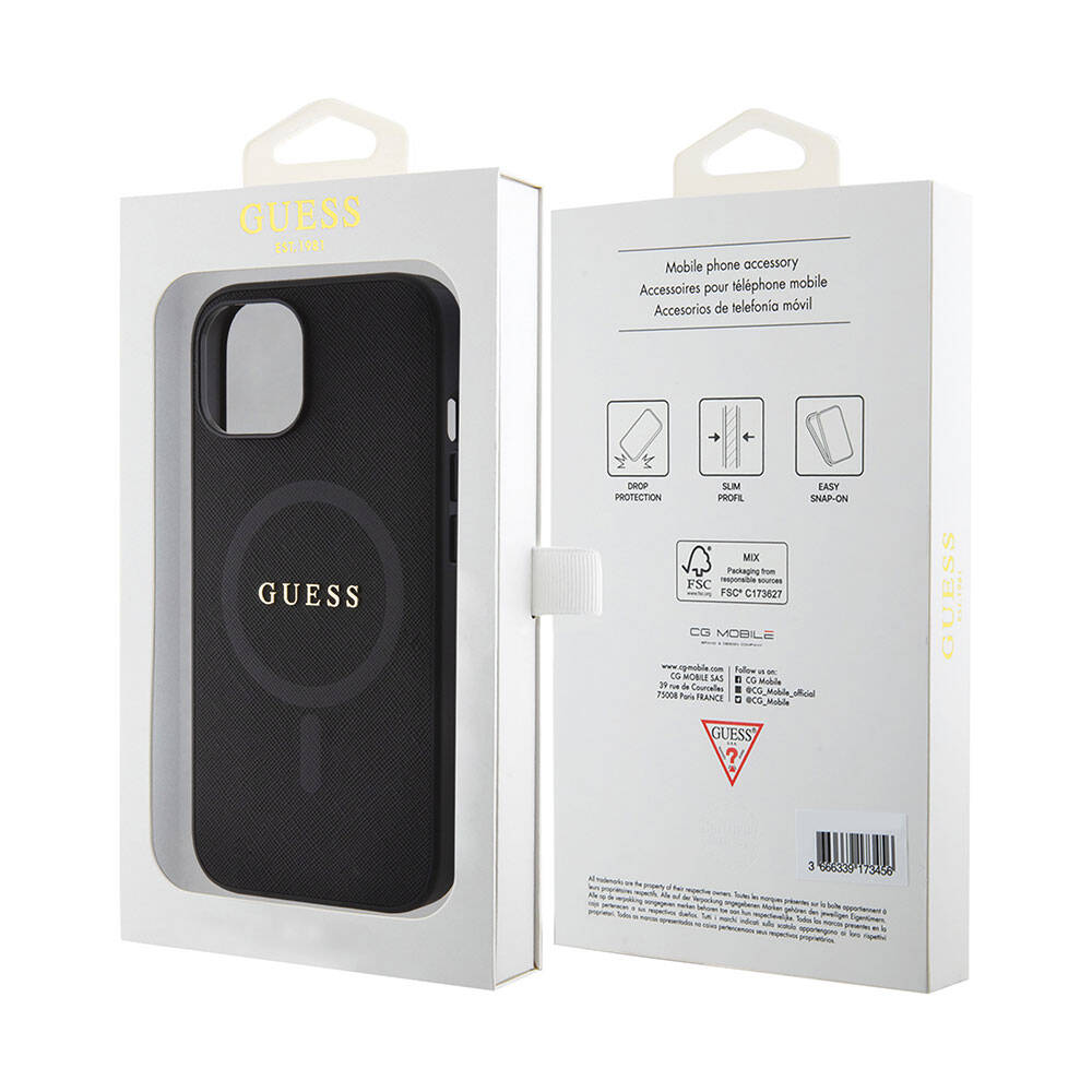 iPhone 15 Kılıf Guess Orijinal Lisanslı M-safe Şarj Özellikli Yazı Logolu Saffiano Kılıf