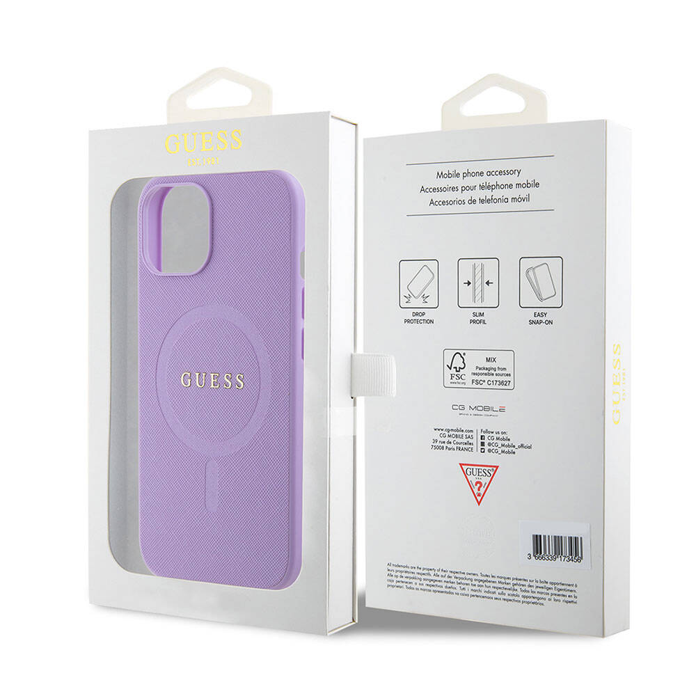 iPhone 15 Kılıf Guess Orijinal Lisanslı M-safe Şarj Özellikli Yazı Logolu Saffiano Kılıf