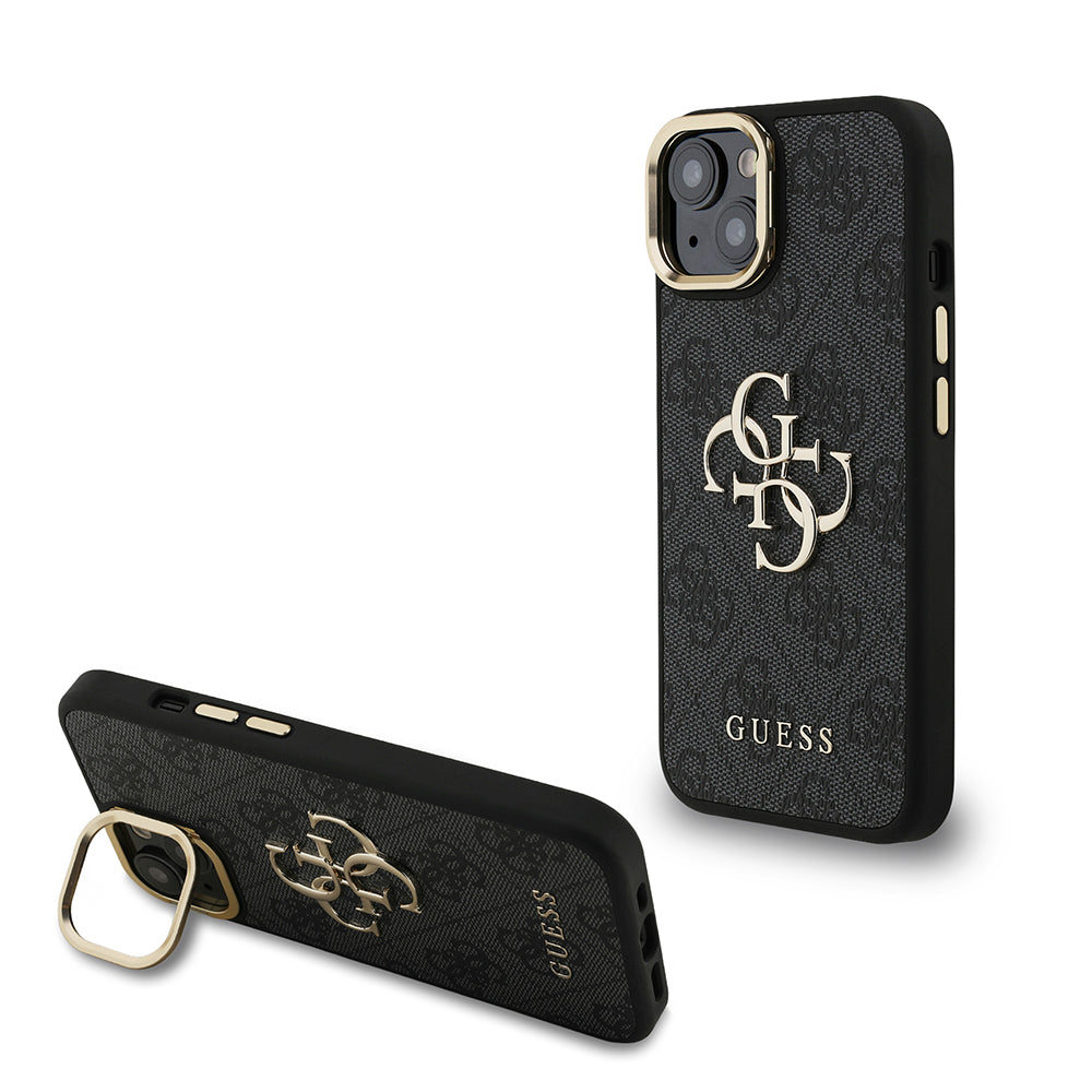 iPhone 15 Kılıf Guess Orijinal Lisanslı PU Deri 4G Desenli Metal Büyük 4G ve Yazı Logolu Kamera Standlı Kılıf