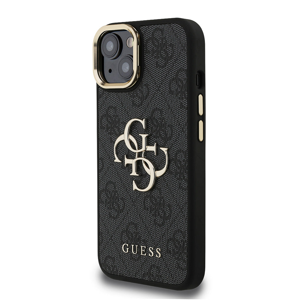 iPhone 15 Kılıf Guess Orijinal Lisanslı PU Deri 4G Desenli Metal Büyük 4G ve Yazı Logolu Kamera Standlı Kılıf
