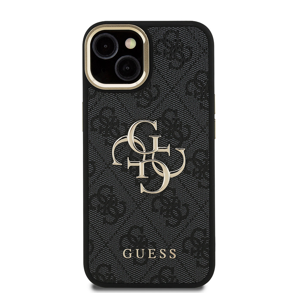 iPhone 15 Kılıf Guess Orijinal Lisanslı PU Deri 4G Desenli Metal Büyük 4G ve Yazı Logolu Kamera Standlı Kılıf