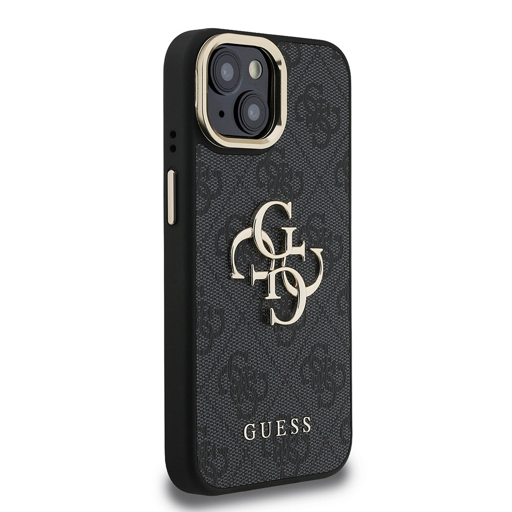 iPhone 15 Kılıf Guess Orijinal Lisanslı PU Deri 4G Desenli Metal Büyük 4G ve Yazı Logolu Kamera Standlı Kılıf