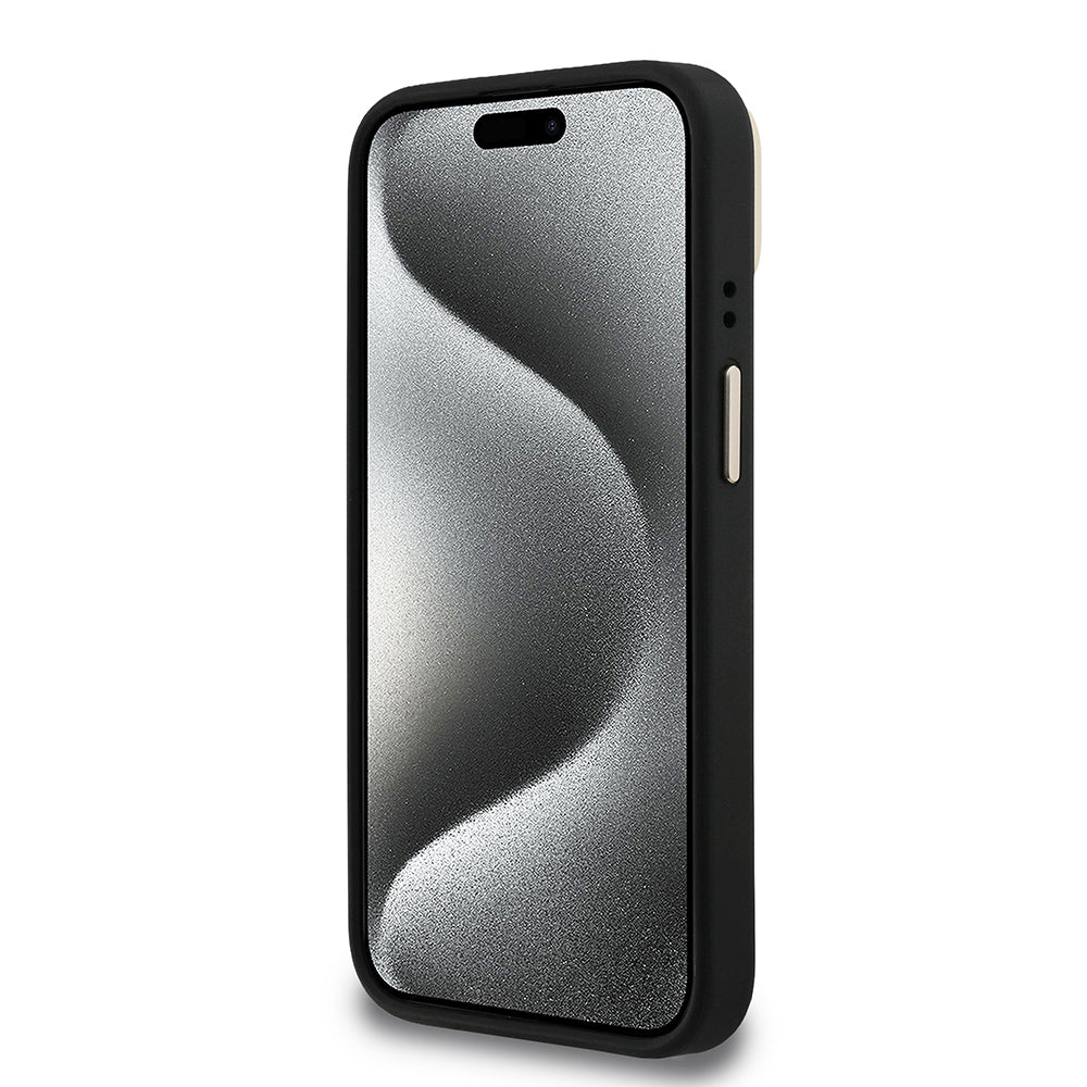 iPhone 15 Kılıf Guess Orijinal Lisanslı PU Deri 4G Desenli Metal Büyük 4G ve Yazı Logolu Kamera Standlı Kılıf