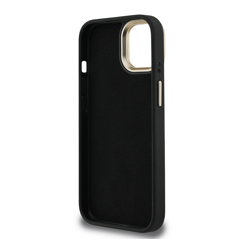 iPhone 15 Kılıf Guess Orijinal Lisanslı PU Deri 4G Desenli Metal Büyük 4G ve Yazı Logolu Kamera Standlı Kılıf