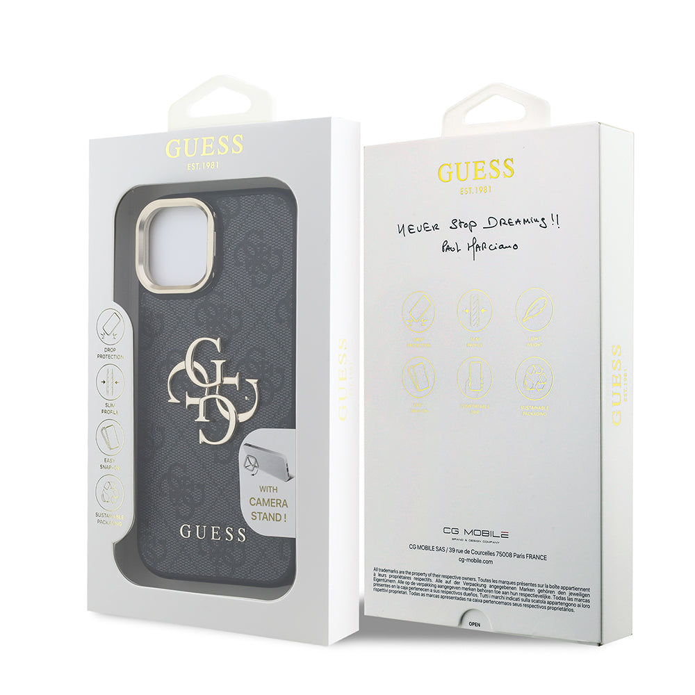 iPhone 15 Kılıf Guess Orijinal Lisanslı PU Deri 4G Desenli Metal Büyük 4G ve Yazı Logolu Kamera Standlı Kılıf