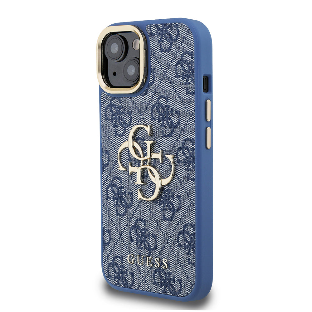 iPhone 15 Kılıf Guess Orijinal Lisanslı PU Deri 4G Desenli Metal Büyük 4G ve Yazı Logolu Kamera Standlı Kılıf