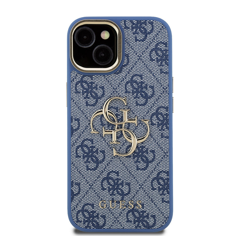iPhone 15 Kılıf Guess Orijinal Lisanslı PU Deri 4G Desenli Metal Büyük 4G ve Yazı Logolu Kamera Standlı Kılıf