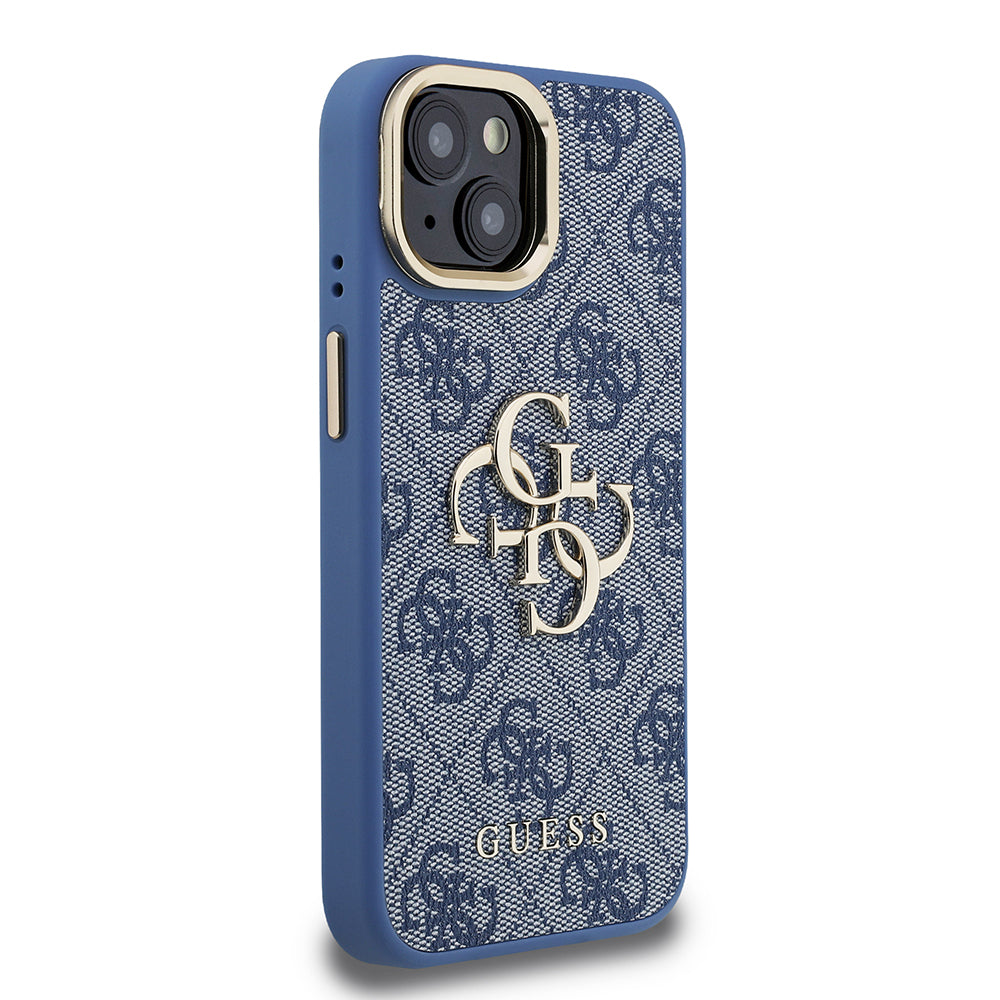 iPhone 15 Kılıf Guess Orijinal Lisanslı PU Deri 4G Desenli Metal Büyük 4G ve Yazı Logolu Kamera Standlı Kılıf