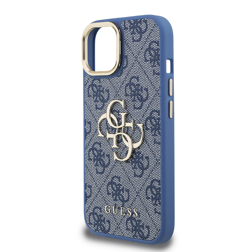 iPhone 15 Kılıf Guess Orijinal Lisanslı PU Deri 4G Desenli Metal Büyük 4G ve Yazı Logolu Kamera Standlı Kılıf