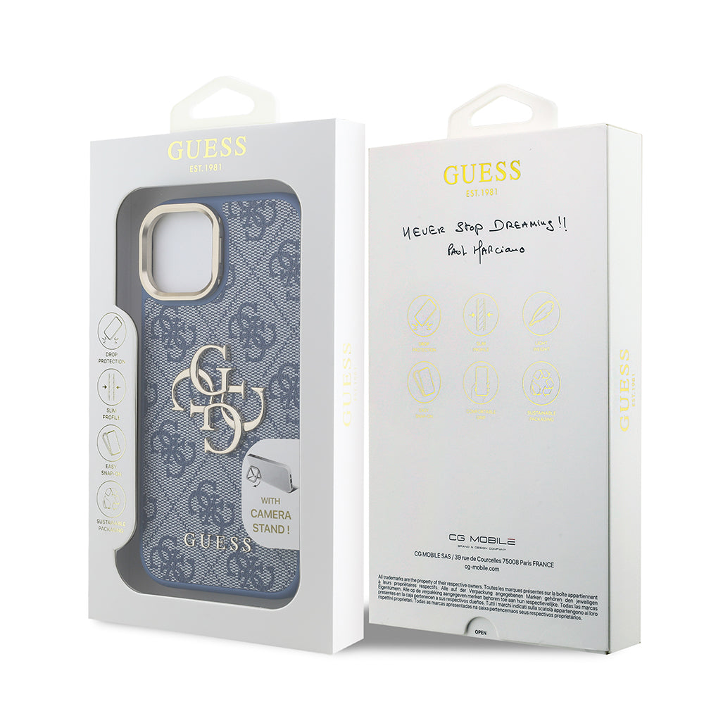 iPhone 15 Kılıf Guess Orijinal Lisanslı PU Deri 4G Desenli Metal Büyük 4G ve Yazı Logolu Kamera Standlı Kılıf