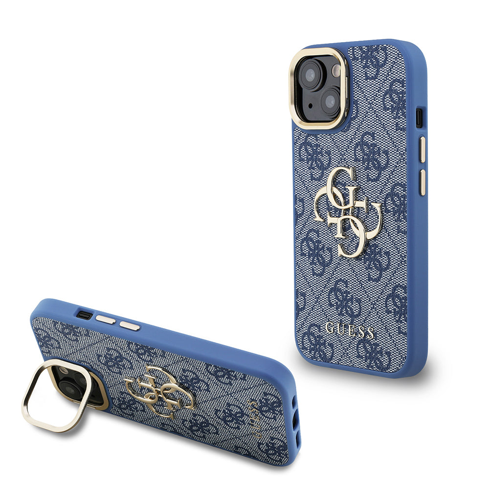 iPhone 15 Kılıf Guess Orijinal Lisanslı PU Deri 4G Desenli Metal Büyük 4G ve Yazı Logolu Kamera Standlı Kılıf